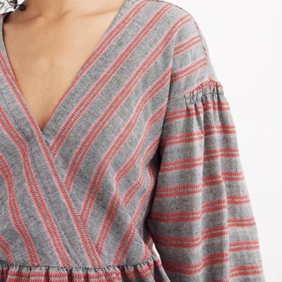 Madewell Striped Bubble Sleeve Peplum Top, Red/Grey, Large - Picture 2 of 10